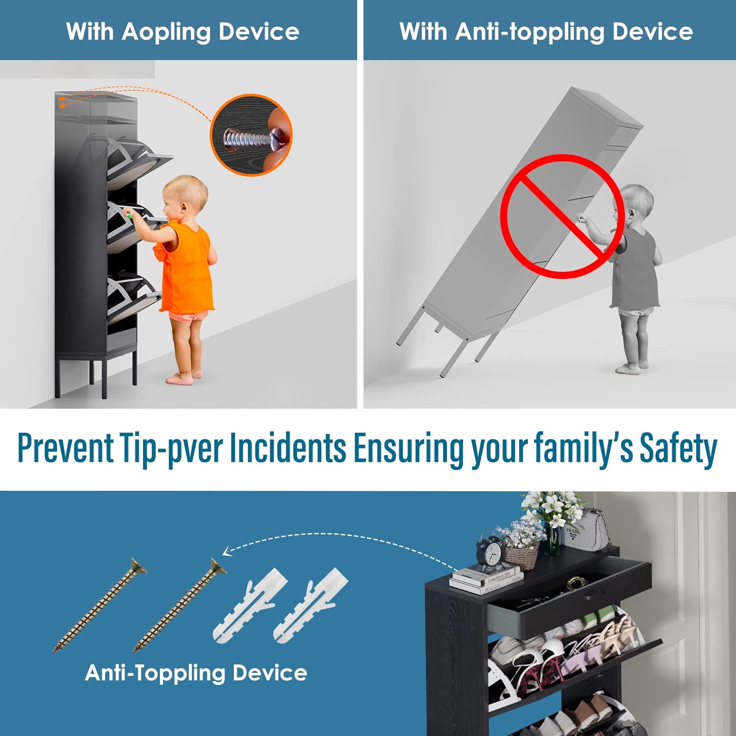 Illustration demonstrating the anti-toppling device and its importance for child safety
