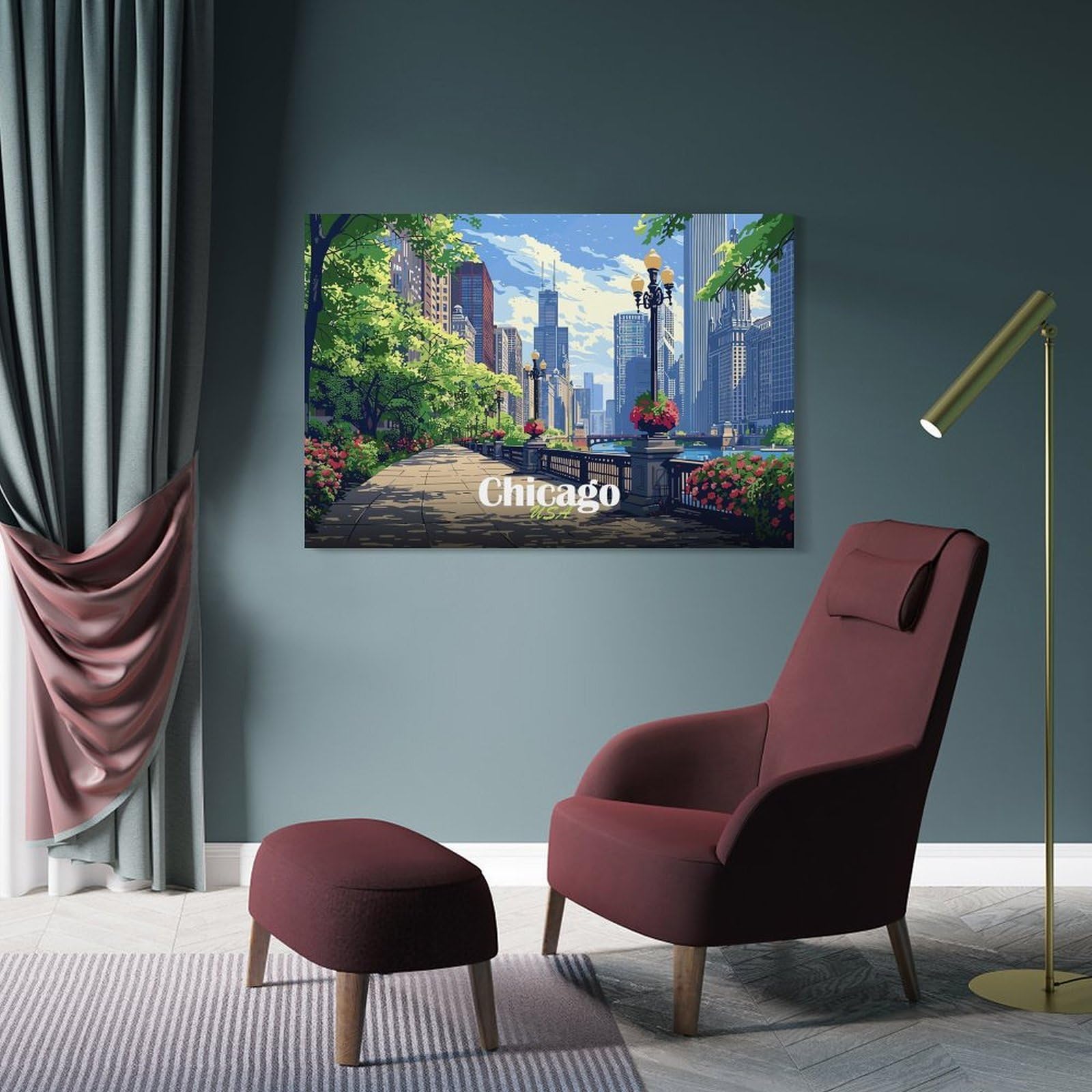 Junmoney Frame-Style-14 Canvas Art Print Chicago Cityscape, 16X24inch(40X60cm), For Office, Study Or Home Workspace, Wall Art That Adds Style To Work Areas