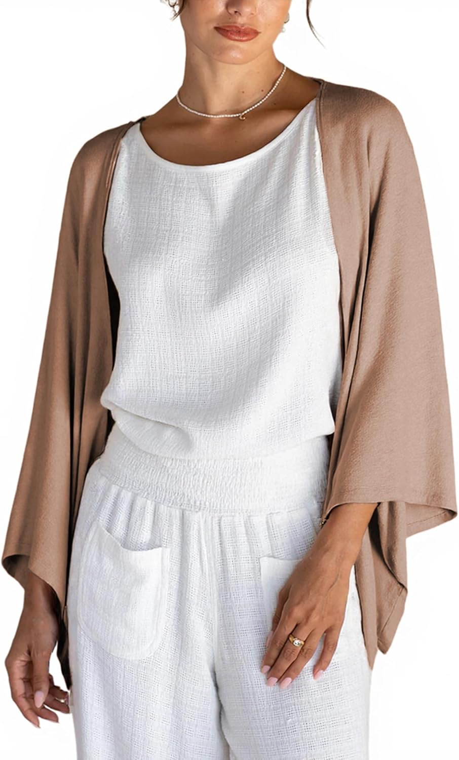 Bankeng Women's Cardigan Shrug 3/4 Sleeve Open Front Loose Lightweight Cover Ups
