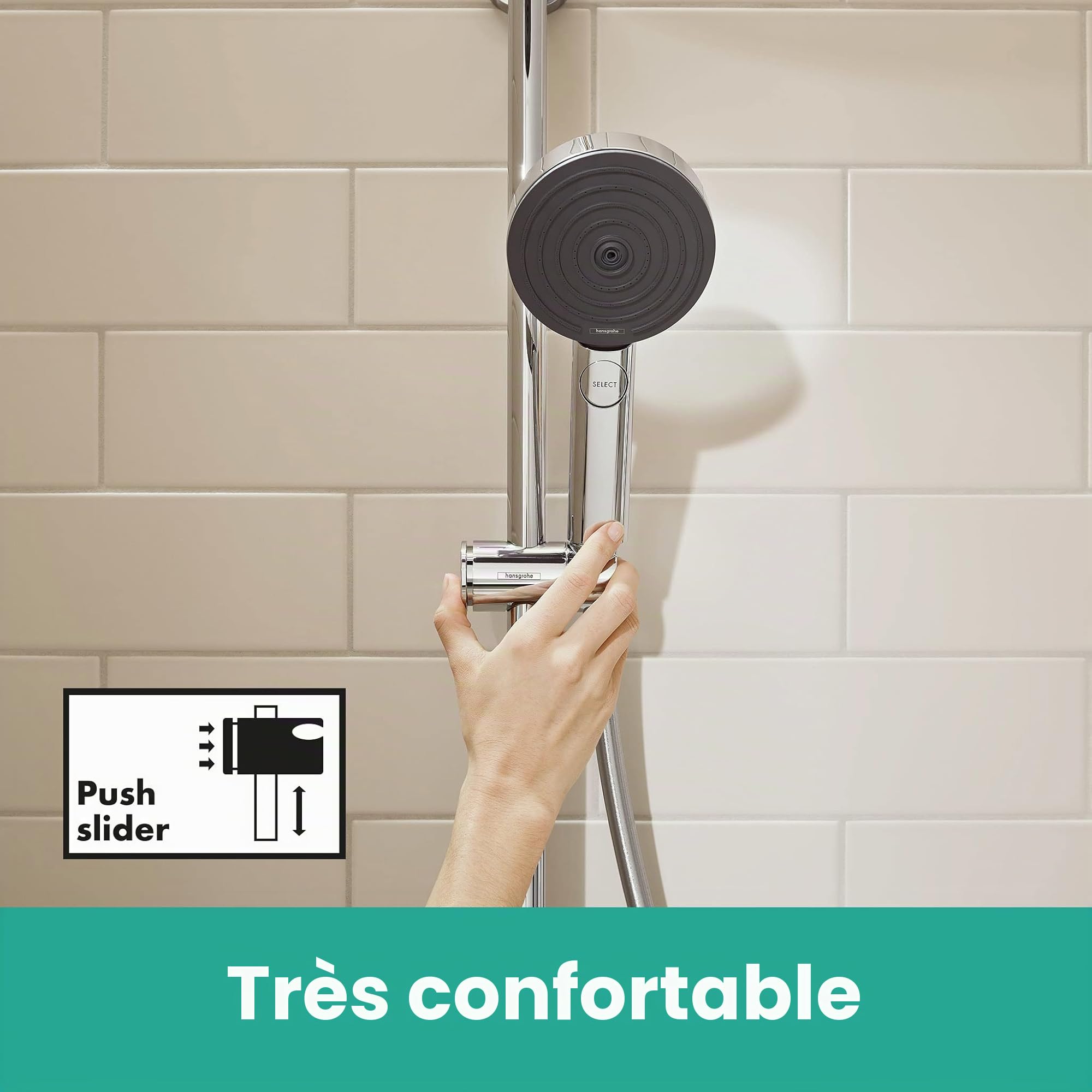 hansgrohe Pulsify S - Colonne de douche avec mitigeur thermostatique, douche pluie (⌀ 260mm) avec robinet, douchette (3 jets), support, flexible de douche, barre et douche de tête ronde, Chromé
