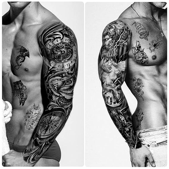 Full Arm Temporary Tattoo Waterproof For Men(L22.8xW7), 46 Sheets Fake Tattoos for Women Lion Tiger Clock Flower Skeleton Animals Design, Hand Forearm Shoulder 3D Temporary Tattoos Stickers