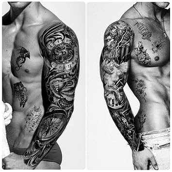 Full Arm Temporary Tattoo Waterproof For Men(L22.8xW7), 46 Sheets Fake Tattoos for Women Lion Tiger Clock Flower Skeleton Animals Design, Hand Forearm Shoulder 3D Temporary Tattoos Stickers