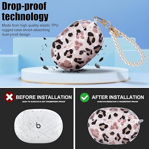 Miniatura 10 de Diseño de carcasa de mármol con purpurina para Beats Studio Buds con cadena de muñeca de perla, llavero con cubierta protectora de piel brillante