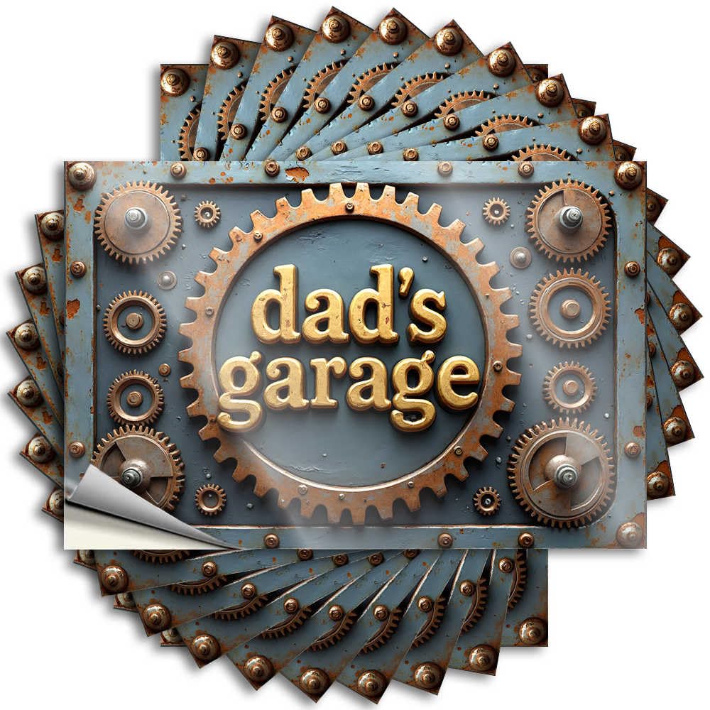 Sticker - Fluffy Helmet Vintage Dad's Garage Sign with Rusty Gears for Christmas Cats(8X12CM)
