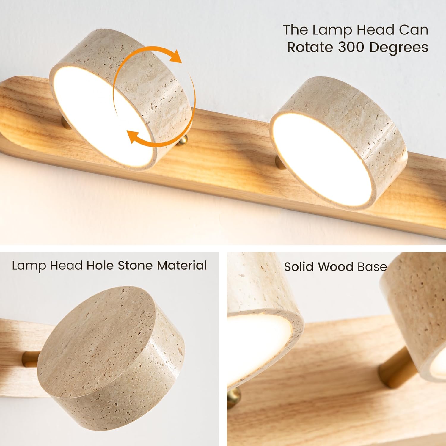 Farmhouse Wood Vanity Light, LED Mirror Light with 3 Travertine Stone Shades, 300° Rotatable Modern Rustic Vanity Lights Fixture Wall Lamp for Bathroom Bedroom Living Room Hallway