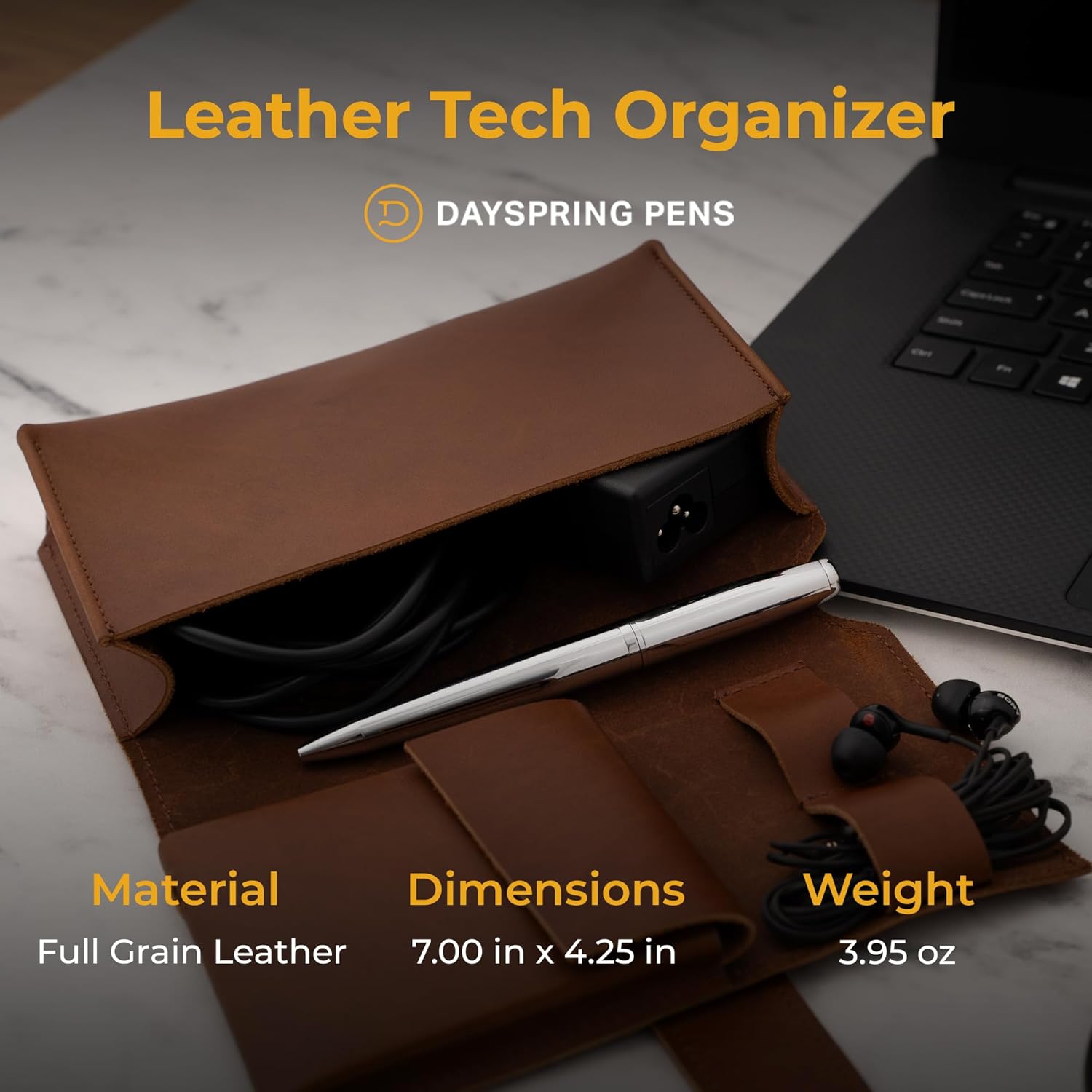 Dayspring Pens | Tech Cord & Accessories Travel Organizer for Electronics - Full Grain Leather. Add Organization to Your Power Cords and Cables. Message or Monogram Available.