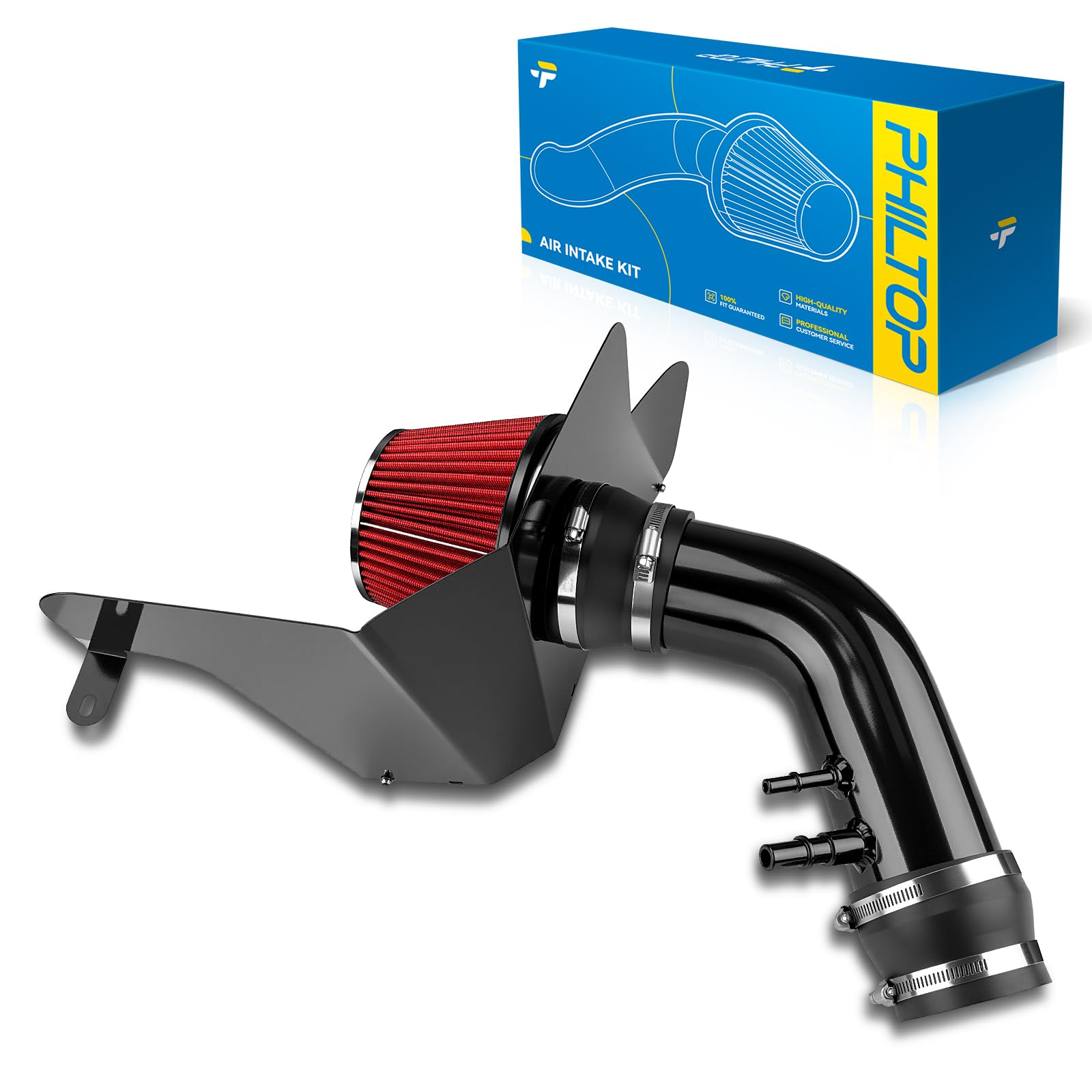 PHILTOP 3.5" Cold Air Intake Kit System + Heat Shield Compatible with Ford Mustang 2015 2016 2017 V6 3.7L, High Performance, Red
