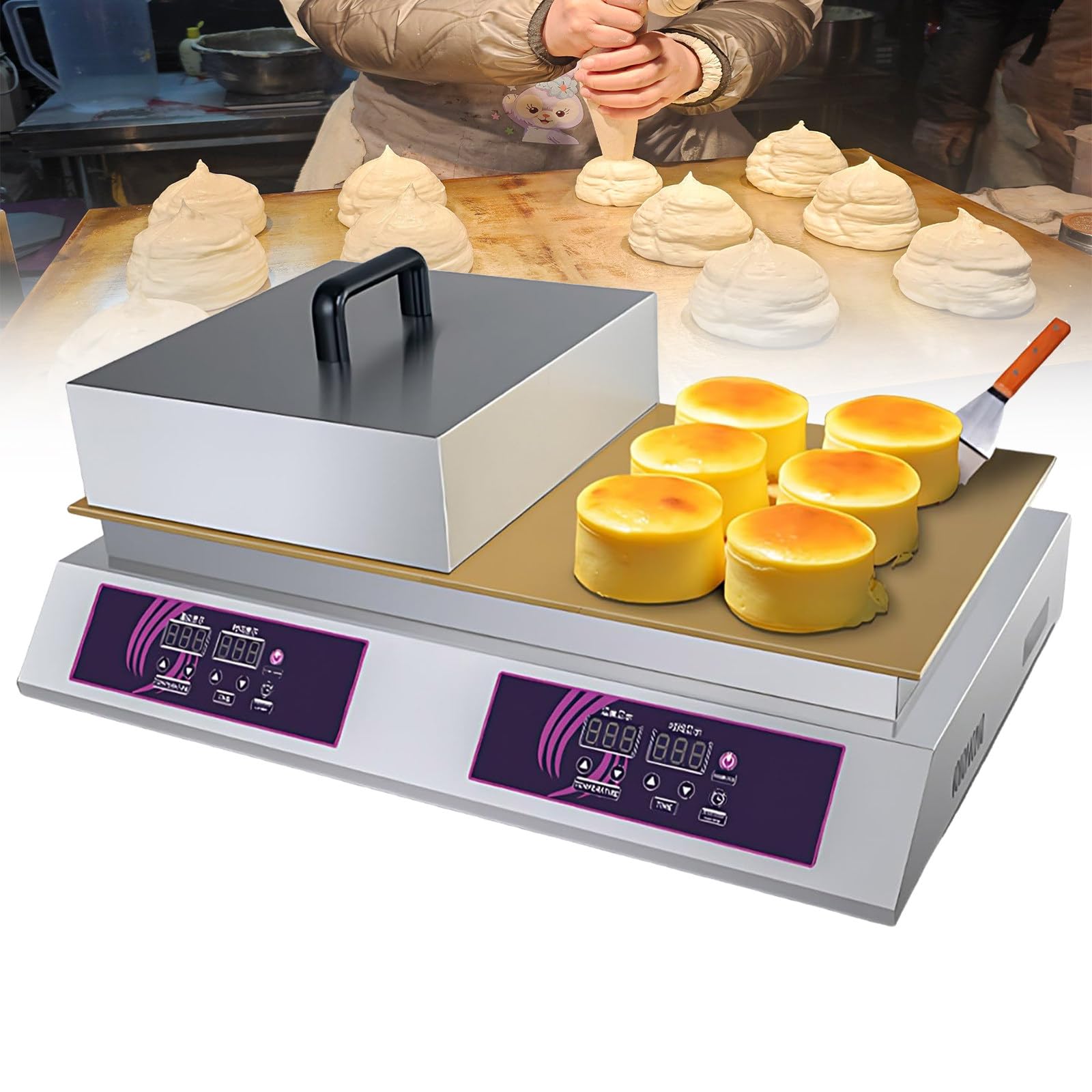 GSHSHOU Electric Souffle Maker & Dorayaki Baker Stainless Steel Double Plate Electric Griddle Digital Display Muffin Maker 26.3x13.8in Copper Heating Surfaces Fluffy Pancakes Machine Doublehead