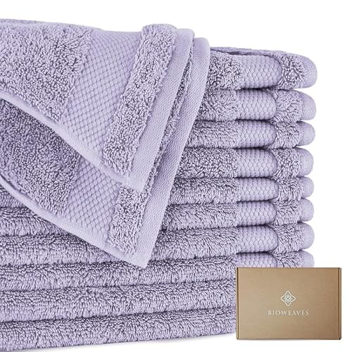 BIOWEAVES 100% Organic Cotton 700 GSM Plush Premium Washcloths 13" x 13" GOTS Certified, Face Towels Perfect for Home & Bathroom - Lavender, Pack of 12