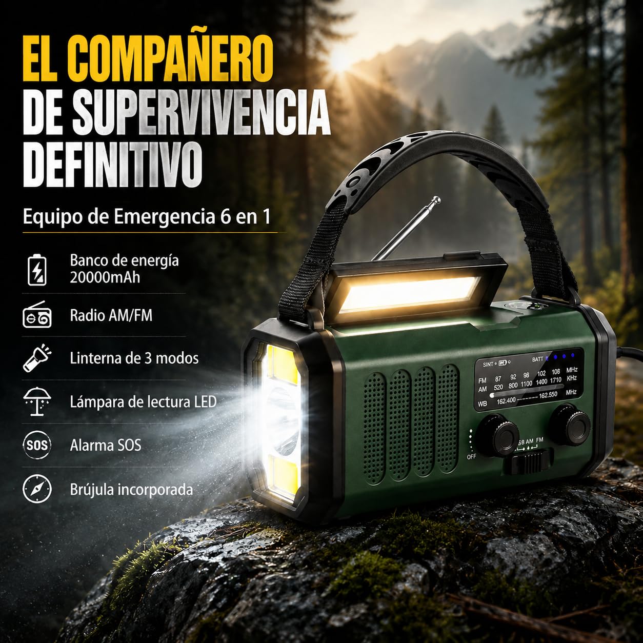 Radio de Emergencia Solar y Manivela 20000mAh, Radio FM/Am Portátil con Linterna, Luz de Lectura, SOS y Cargador USB para Apagones, Camping y Emergencias