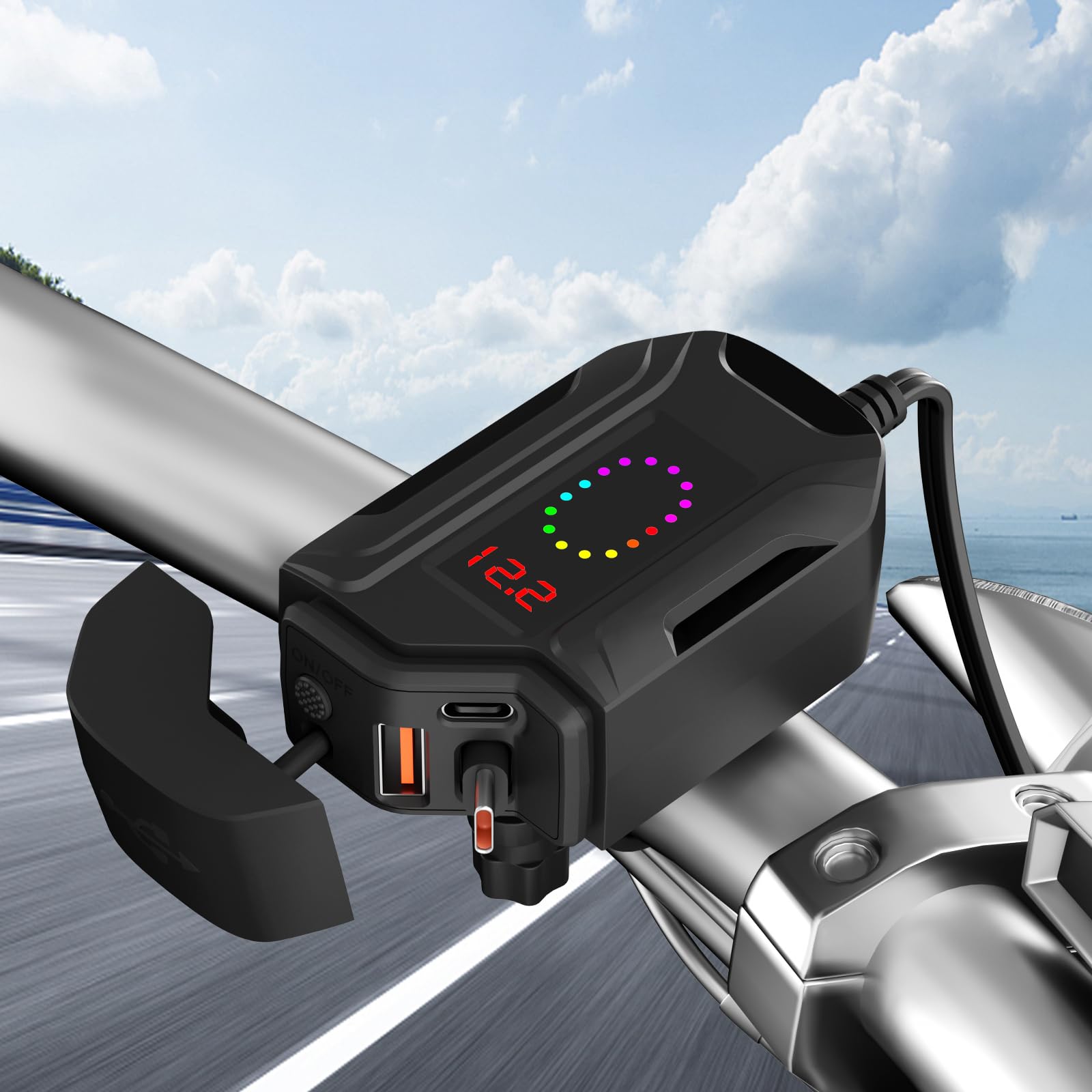 Motocyklowy adapter USB z woltomierzem, wyłącznikiem, IP65, podwójny USB-C PD i USB-A do telefonu, tabletu, GPS