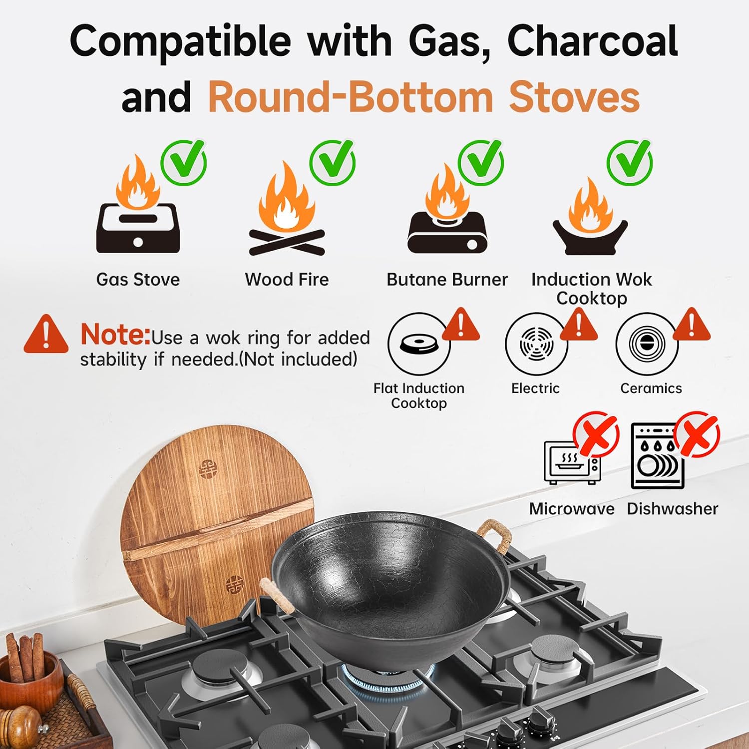 WANGYUANJI 11.8" Round Bottom Cast Iron Wok - Small Traditional Pow Wok for Camping & Open Fire - Gas Stove Compatible (Wok Ring Required) - Uncoated Stir Fry Pan with Cleaning Brush