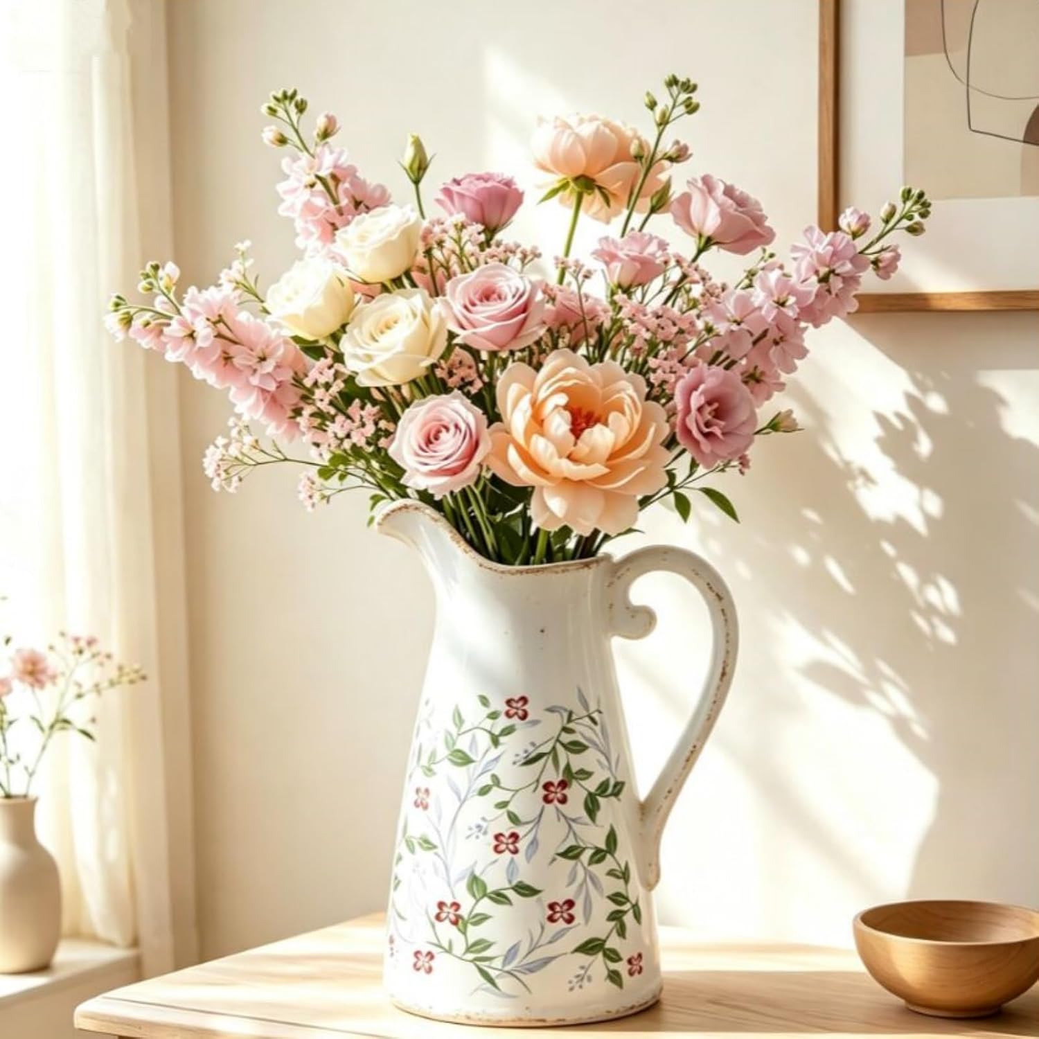 Ceramic Pitcher Vase for Flowers, 10 Inch Flower Pitcher with Handle
