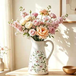 Ceramic Pitcher Vase for Flowers, 10 Inch Flower Pitcher with Handle