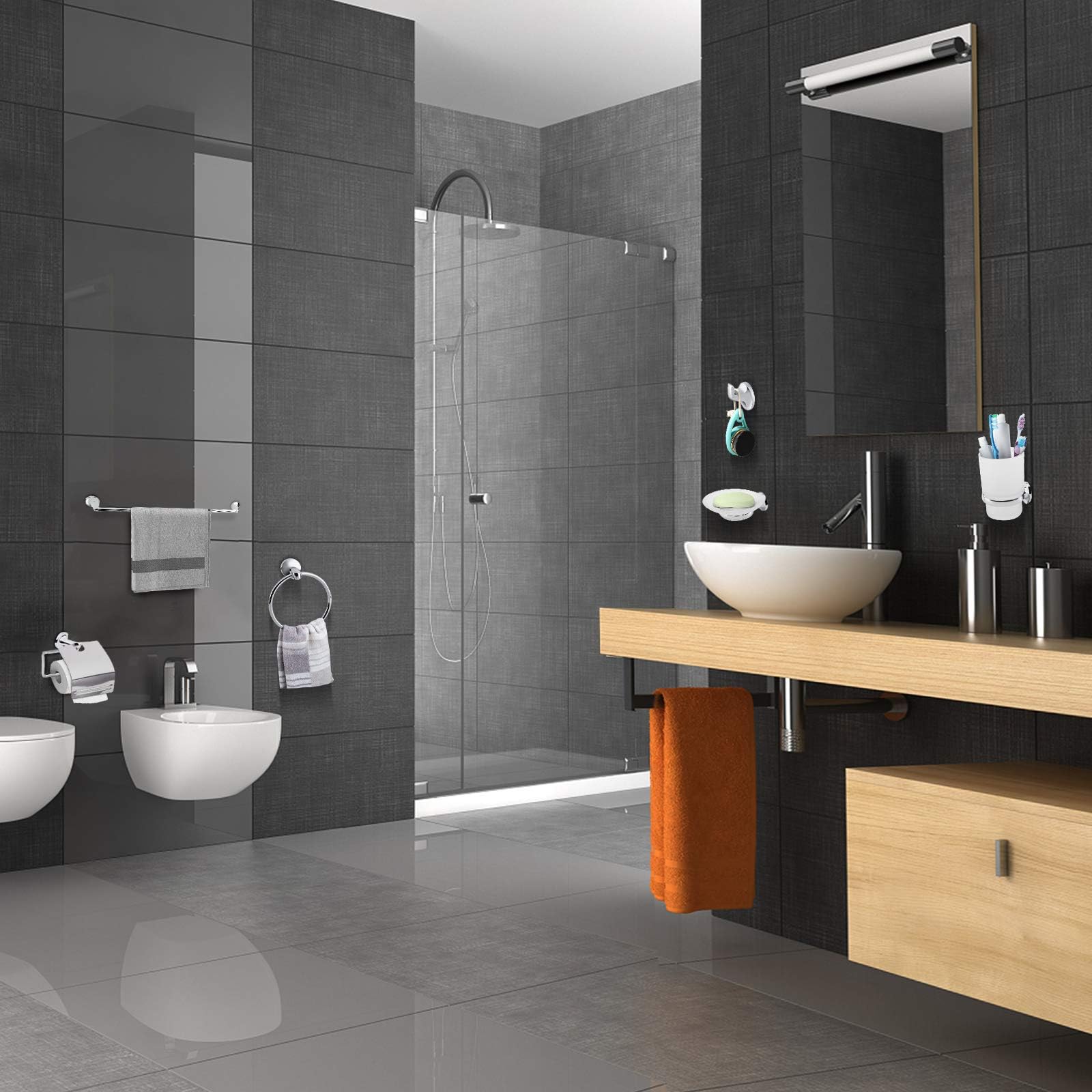 Ejoyous Juego de baño de 6 Piezas: toallero, portarrollos, jabonera, Gancho y portacepillos de Dientes, Zinc Cromado + Vidrio Esmerilado, Moderno, Plateado