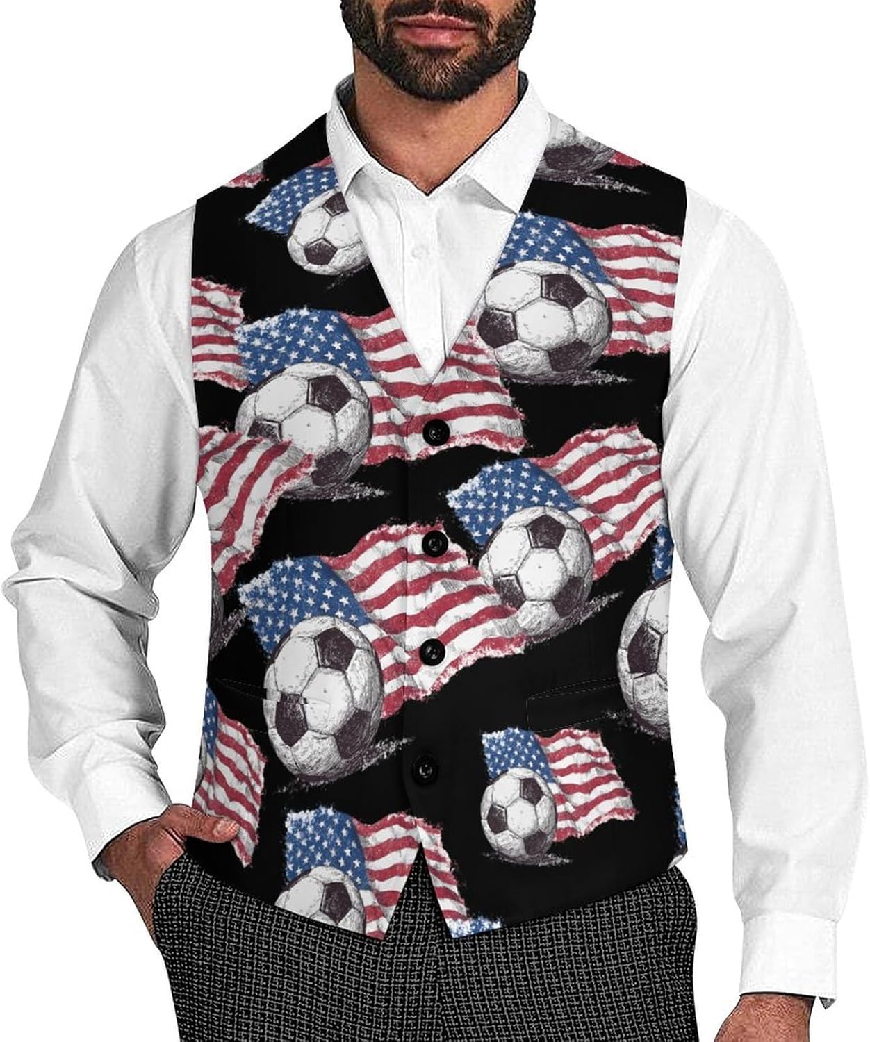 U.S.A Flag Soccer Football Men's Formal Suit Vest Slim Waistcoat for Business Tuxedo Dress