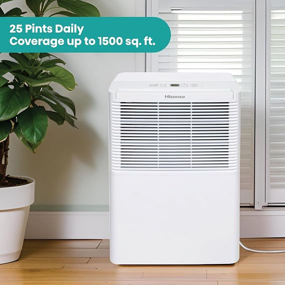 Hisense 25-Pint Compact Portable Dehumidifier, 1500 Sq. Ft.