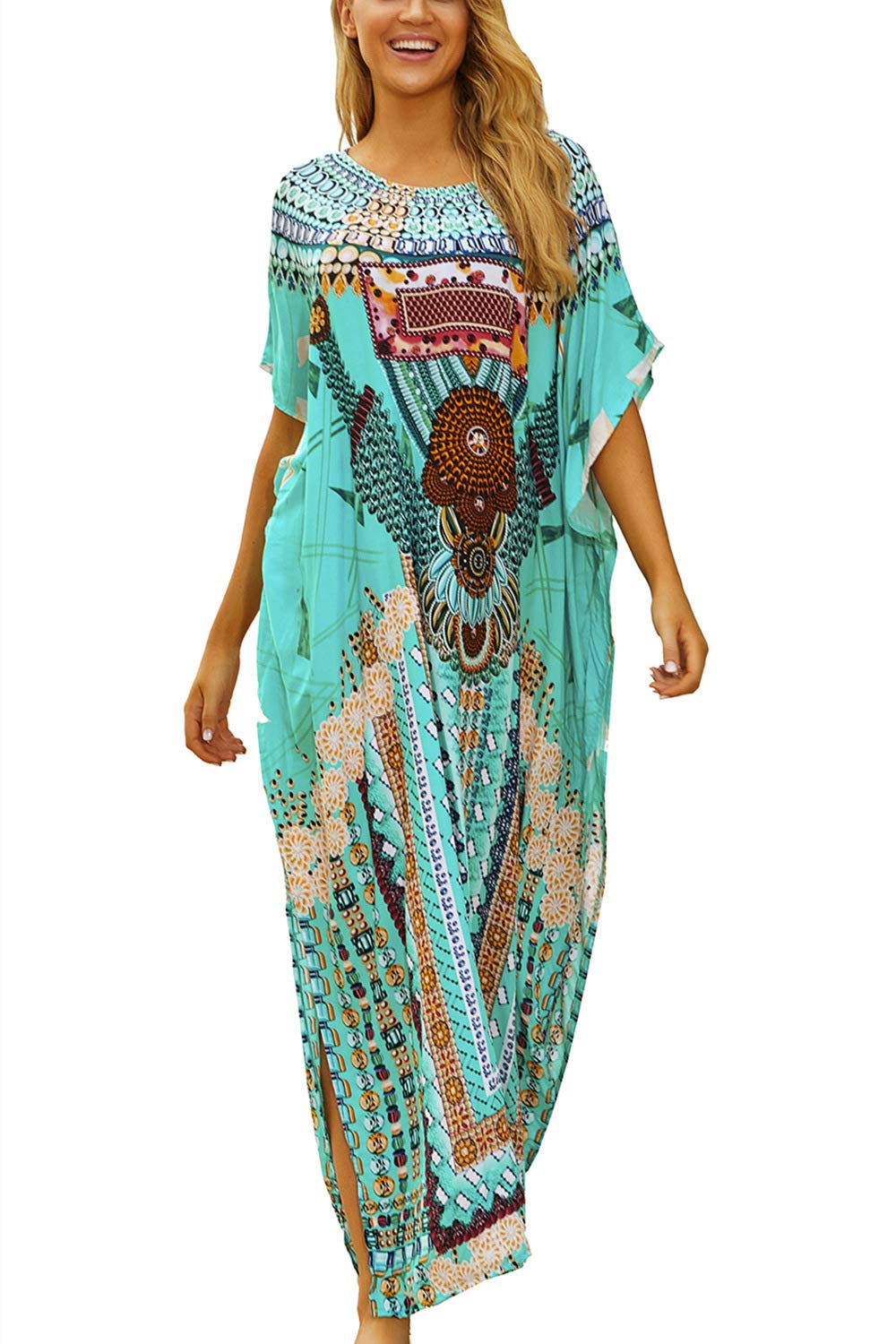 Damska letnia sukienka boho długa kaftan etniczny wzór maxi sukienka plażowa okrycie bikini z filtrem przeciwsłonecznym