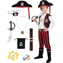 Kids Pirate Costume 10-Piece Set with Hat Sword and Treasure Bag for Boys