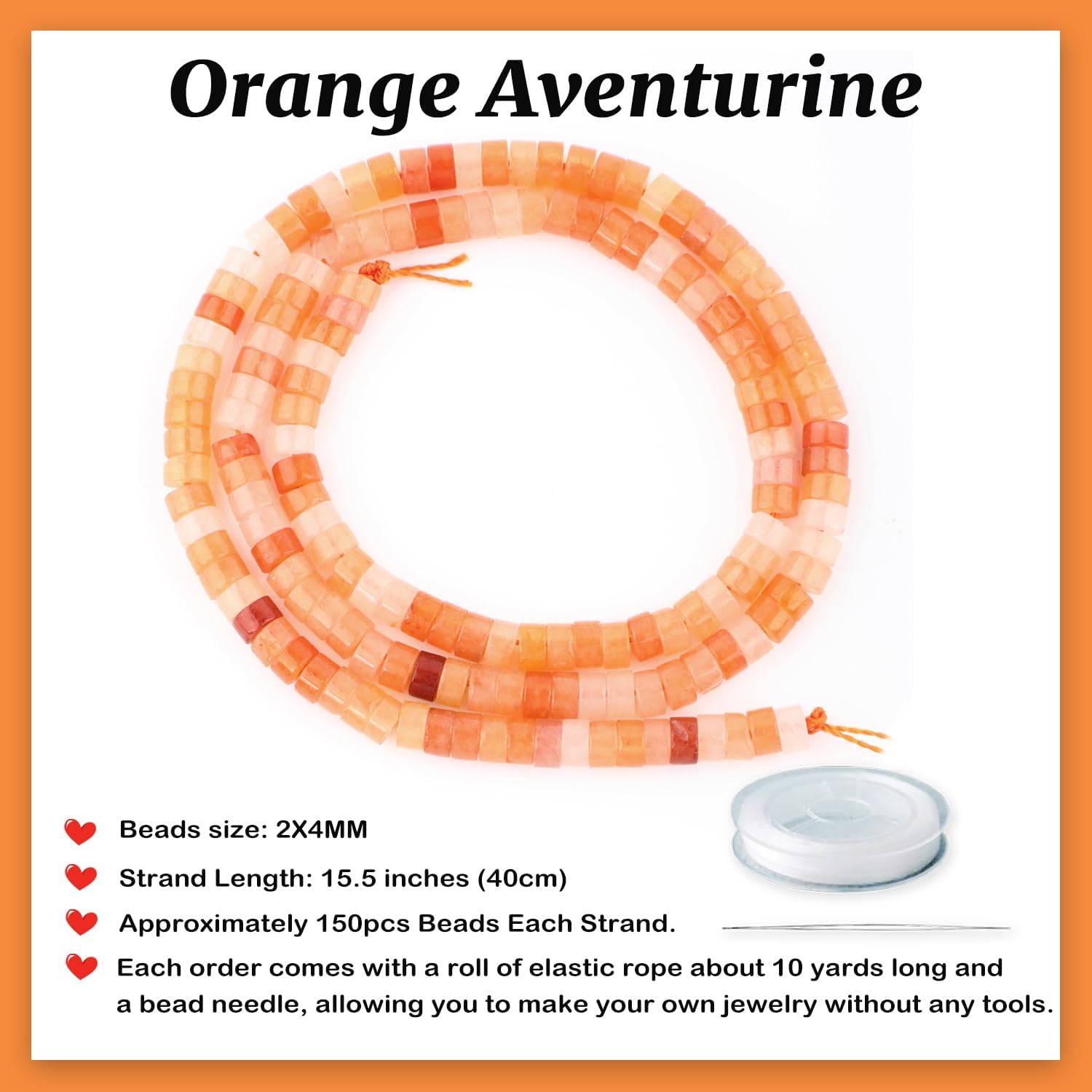 Natural Orange Aventurine Heishi Spacer Beads Loose Semi Precious Flat Round Gemstone Disc Shape Stone for Beading Jewelry Making 4x2mm 15.5" - Image 2