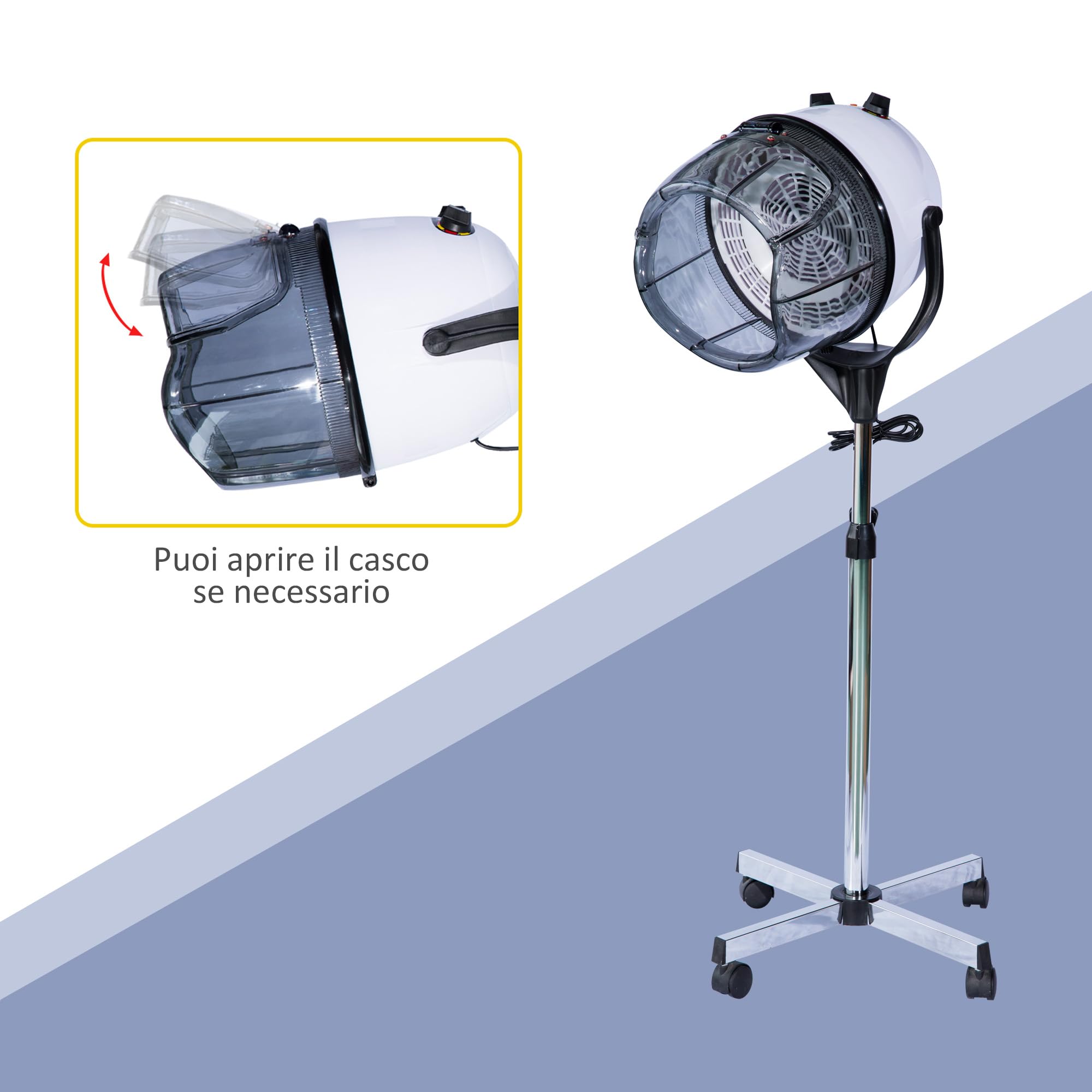HOMCOM Casco Asciugacapelli 1180W ad Altezza Regolabile, Casco per Capelli con Timer 60 Minuti e Ruote Girevoli, in PP, PC e Acciaio, 65x65x115-165 cm, Bianco
