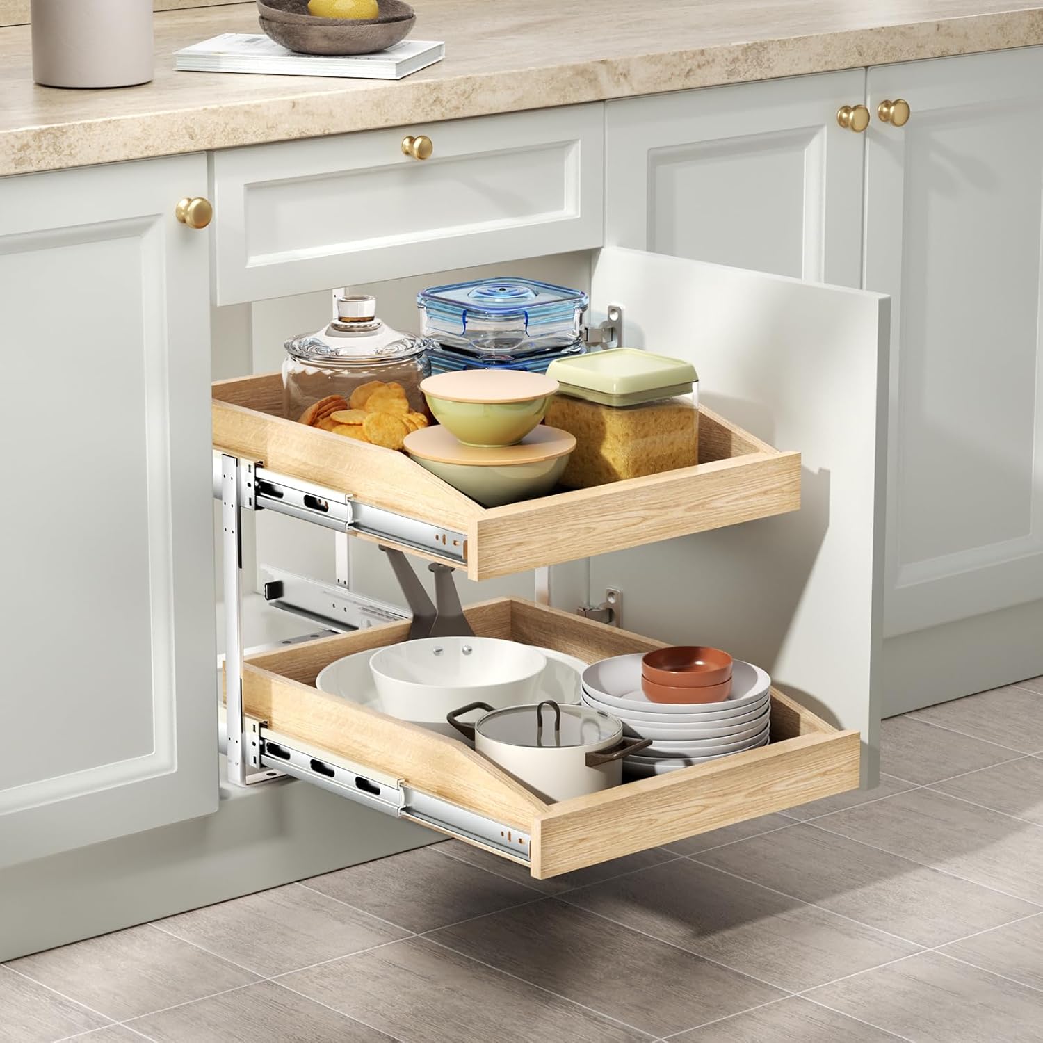 ROOMTEC 2 Tier Pull Out Cabinet Organizer, Double Tier Slide Out Wood Cabinet Organizer with Soft Close, Pull Out Drawers for Base Cabinet Organization in Pantry, Kitchen(13½" W x 21" D)
