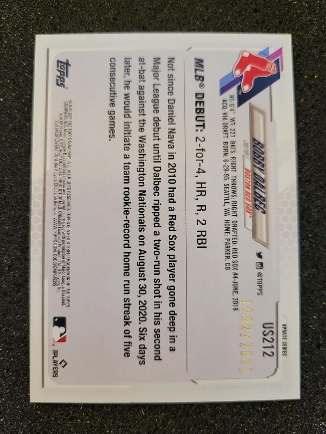 Bobby Dalbec 2021 TOPPS UPDATE ROOKIE RC GOLD #D 2021 BOSTON RED SOX! - Baseball Slabbed Rookie Cards