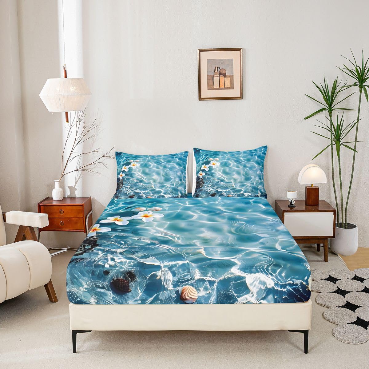 Homemissing Sábana bajera ajustable tamaño King para niños y niñas, con bolsillo profundo de 40.6 cm, sábana bajera hawaiana de playa con 2 fundas de almohada, decoración de habitación