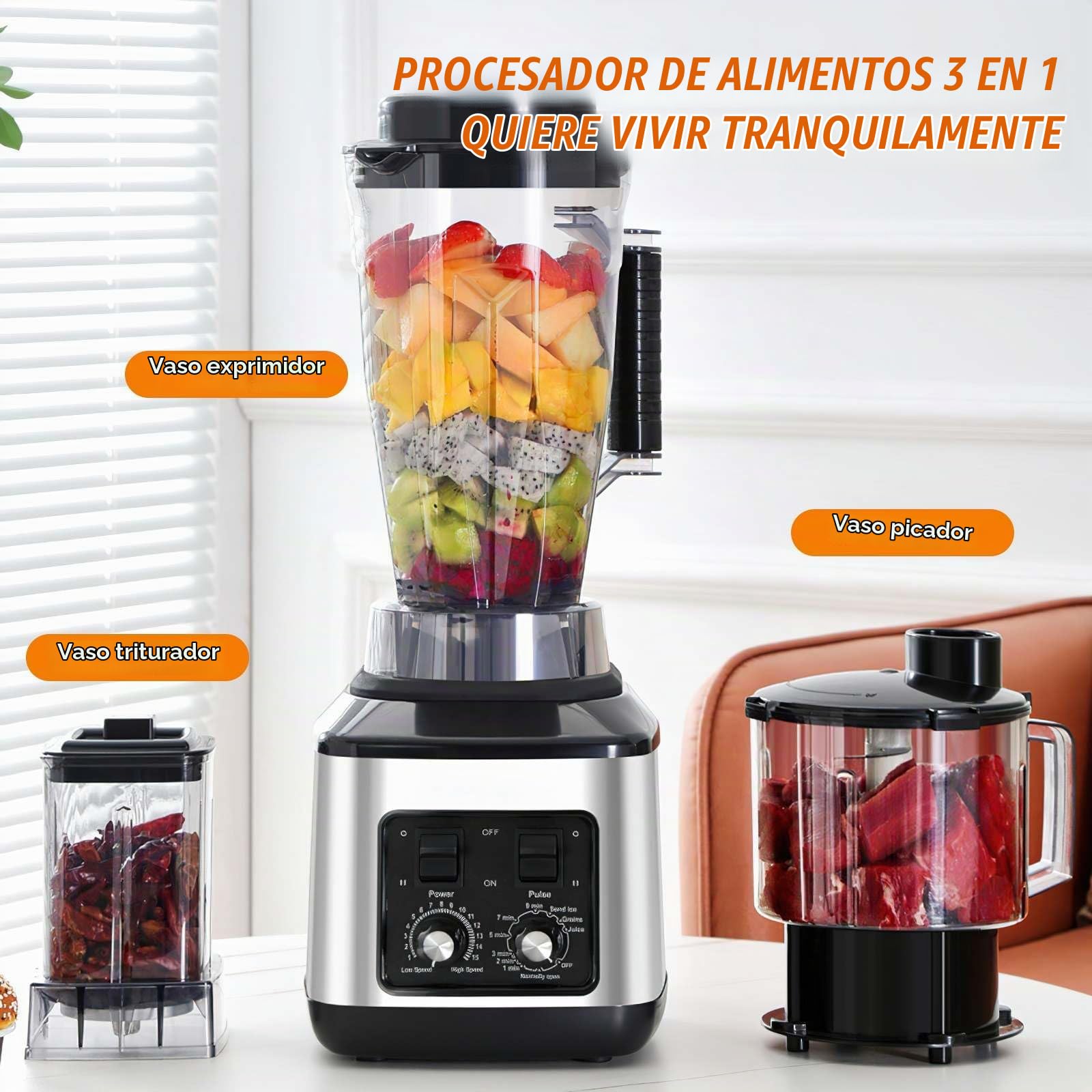 Batidora Profesional 3L, 3 en 1, Licuadoras para Zumos y Batidos con 15 Velocidades Ajustables y Función de Temporizador, 3 Jarras y Cuchillas de Acero Inoxidable