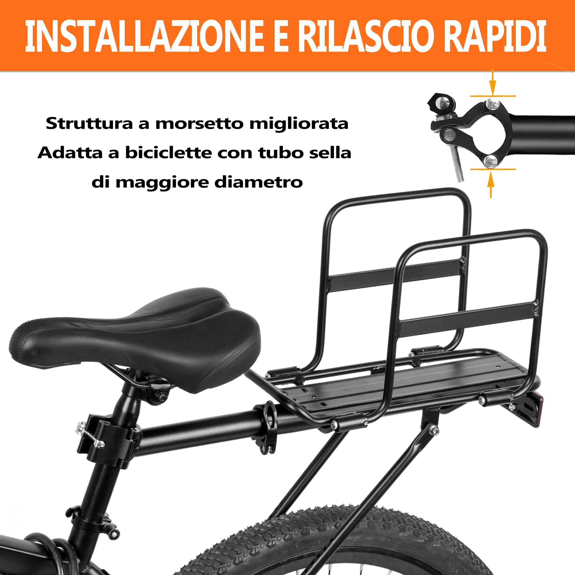 Portapacchi Posteriore per Bicicletta, Portapacchi Pieghevole con Alette Larghe, Sgancio Rapido, Universale, Grande Capacità, Altezza Regolabile, Adatto per 61-73,5 cm