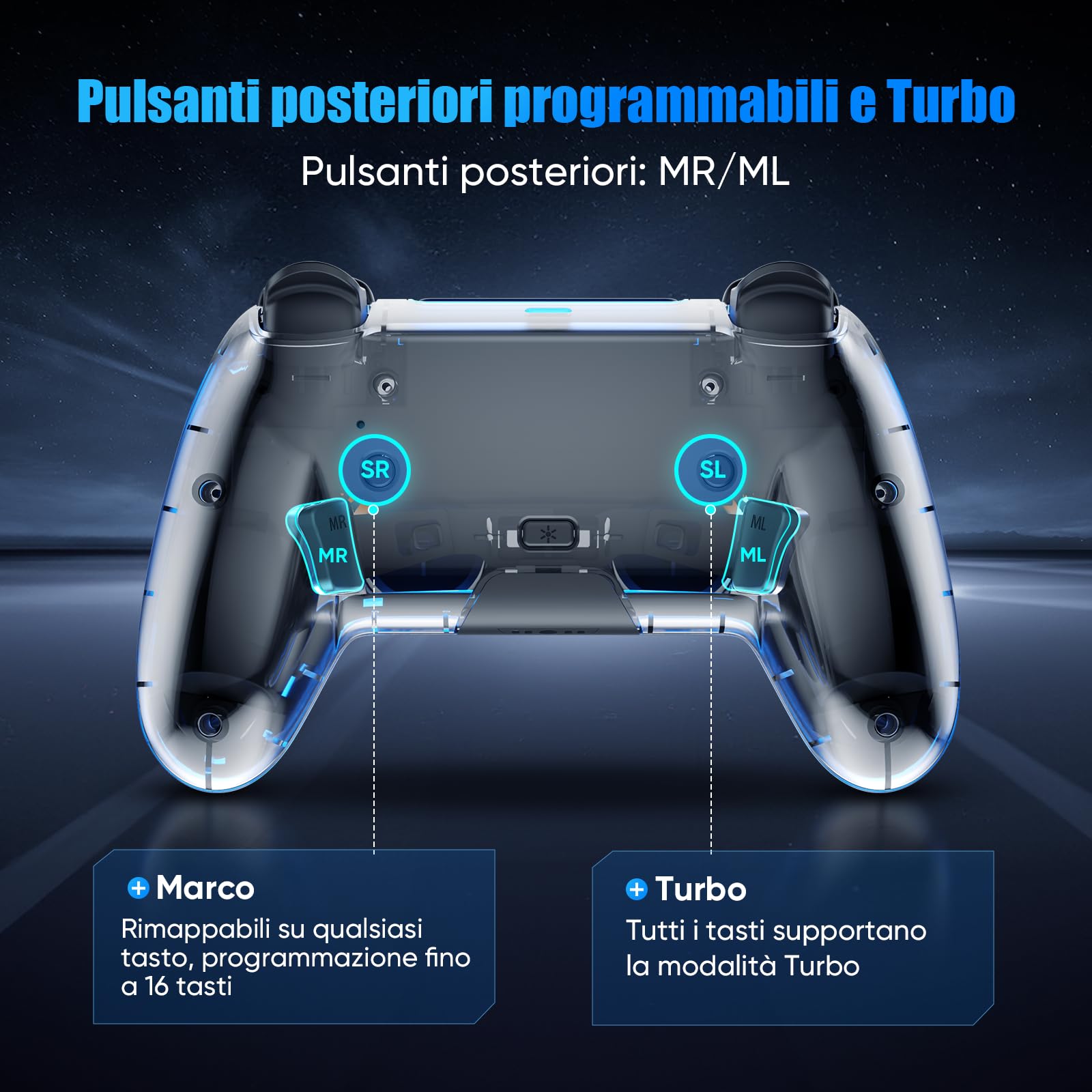 BETMI Controller Wireless per PS5 Pro/Slim, compatibile MAC/Steam Deck/PC, joystick Effetto Hall, doppia vibrazione/Macro/Turbo, jack 3,5mm, 6 assi, gamepad LED con altoparlante (Transparent Black)
