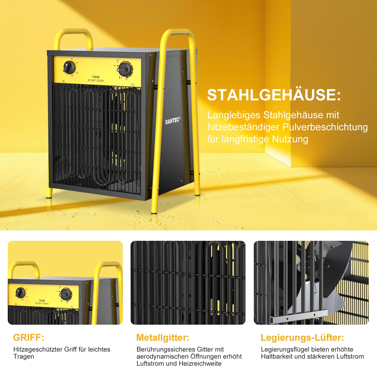 15 kW Elektro Heizlüfter Große Räume mit Thermostat & 3 Heizstufen | Bauheizer, 400v, IP24, Stahlgehäuse, Industriequalität, Heizstrahler, Elektroheizer, frostwächter, für Garage, Baustelle