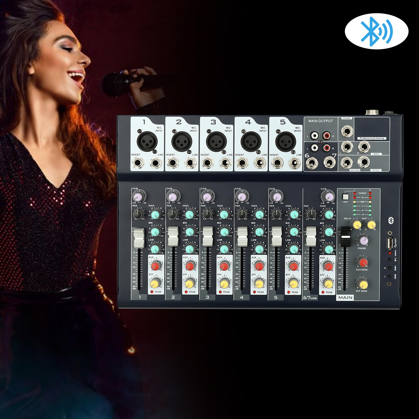 Mixer DJ a 7 canali, mixer professionale Bluetooth, USB, mixer audio senza fili, mixer audio portatile, per TV domestica, spettacoli palcoscenici, bar, ecc