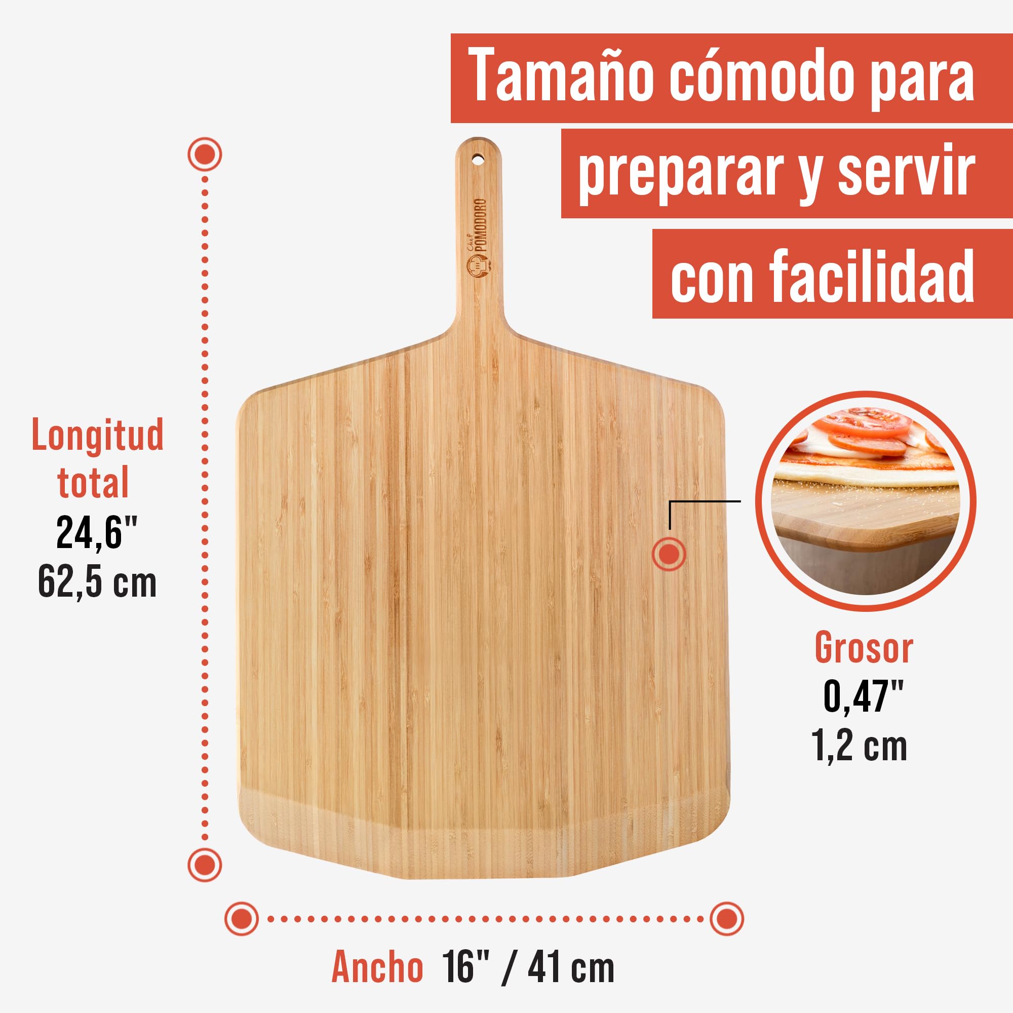 Chef Pomodoro Pala Pizza 41 cm, Tabla Pizza Horno de Madera de Bambú para Hornear Pizza Casera y Pan, Bandeja Madera Aperitivos, Embutidos y Quesos, Utensilios de Cocina para Pizzeros