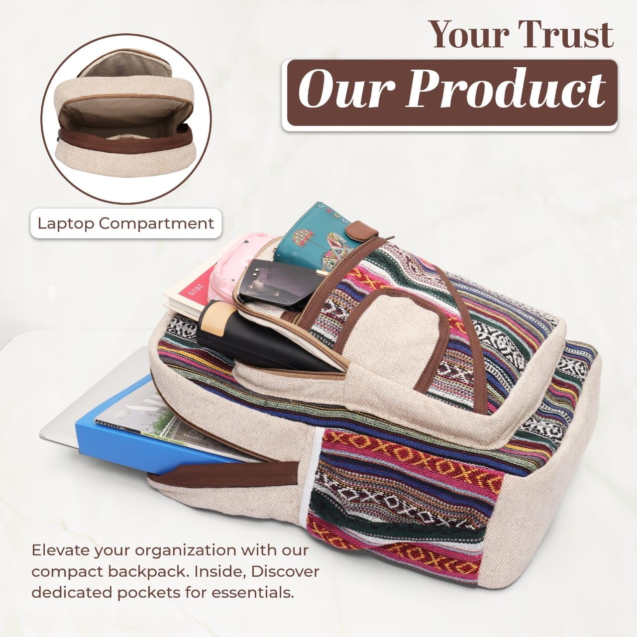 Hemp Backpack – Eco Friendly Reusable Natural Fiber Backpack, Durable Cloth Travel Bag for School, College, Work, Hiking & Everyday Use - Image 6