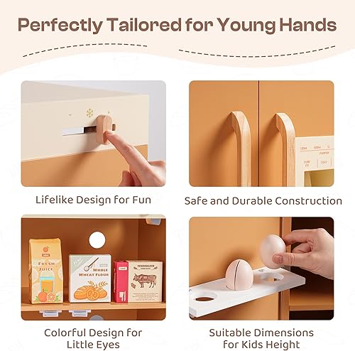 Miniatura 6 de ROBUD Refrigerador de cocina de madera, refrigerador de cocina de juguete, juego de refrigerador congelador para niños con máquina de hielo, juego