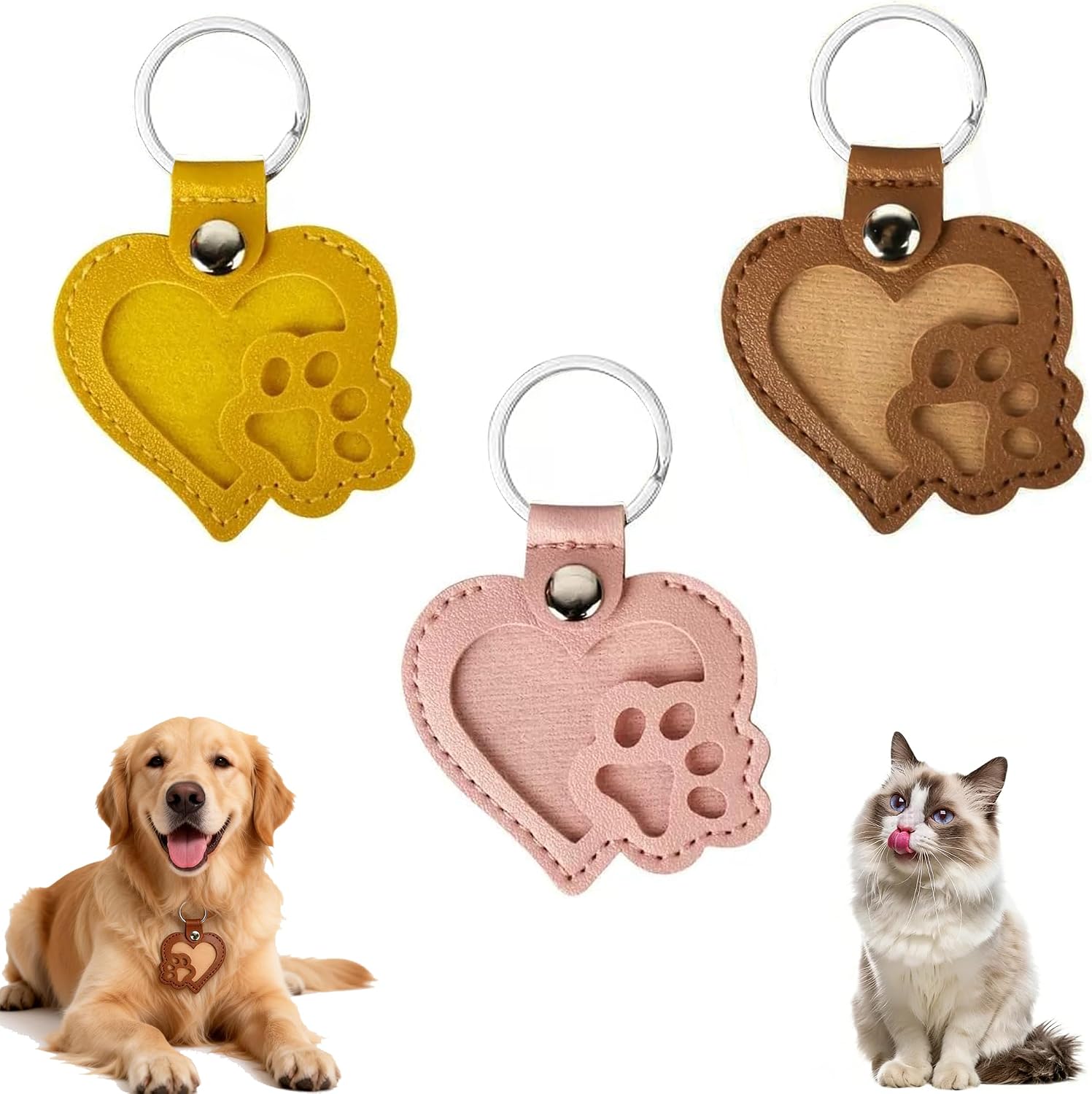 3 PCS Pet Heart-Shaped Leather Hair Keychain Dog Cat Hair Collector Handmade Key Holder for Collecting Hair