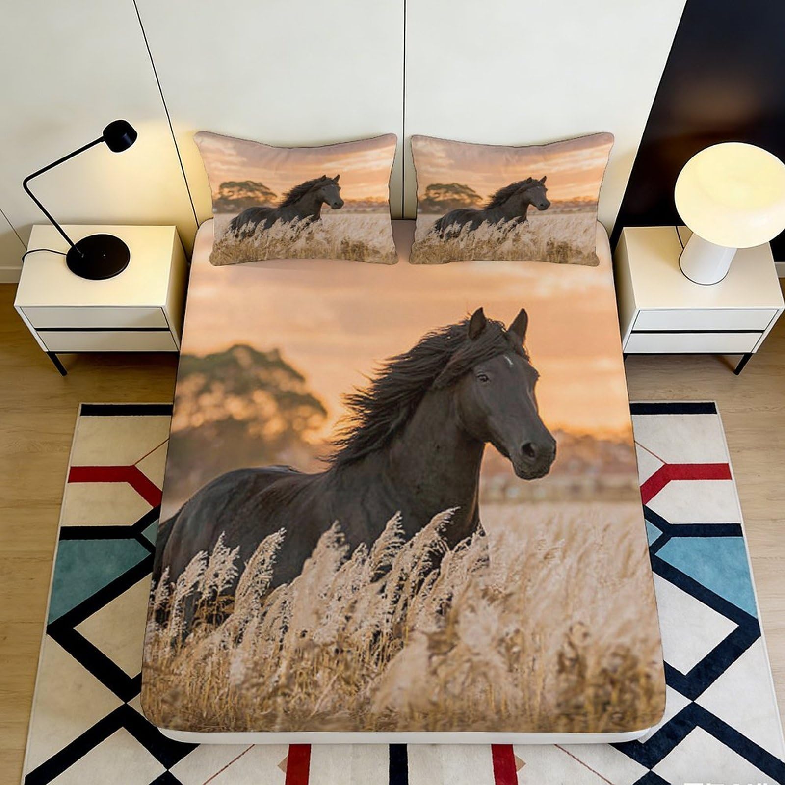 3D Printed Black Horse Sunset Fitted Sheet Microfiber Soft Decorative Wild Horse Bed Cover for Bedroom Guest Room Dorm Mattress Protection 90x200x25cm