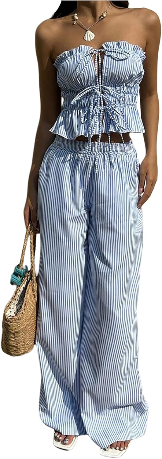 Floerns Women's 2 Piece Outfit Striped Tie Front Tube Top with Wide Leg Pants Set
