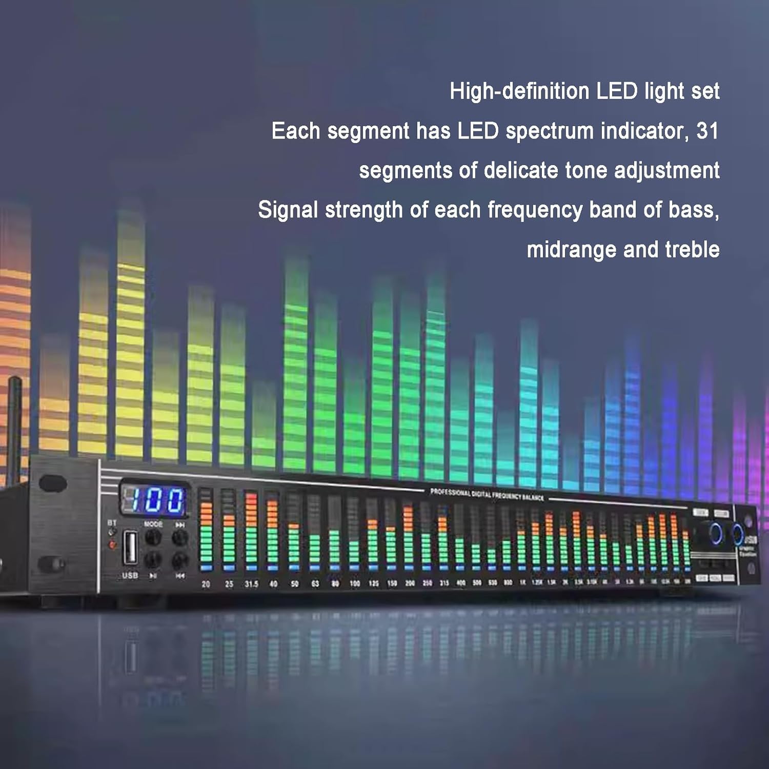 Procesador de Audio Ecualizador gráfico estéreo de 31 Bandas, Ecualizador de Audio Digital, con Pantalla de Espectro LED, 10 Efectos preestablecidos, reducción de Ruido