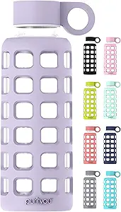 purifyou 40oz / 32oz / 22oz / 12oz Borosilicate Glass Water Bottle with Time & Volume Markers, Silicone Sleeve, Stainless Steel Lid | Reusable Glass Bottle for Water & Juice (22oz Lavender)