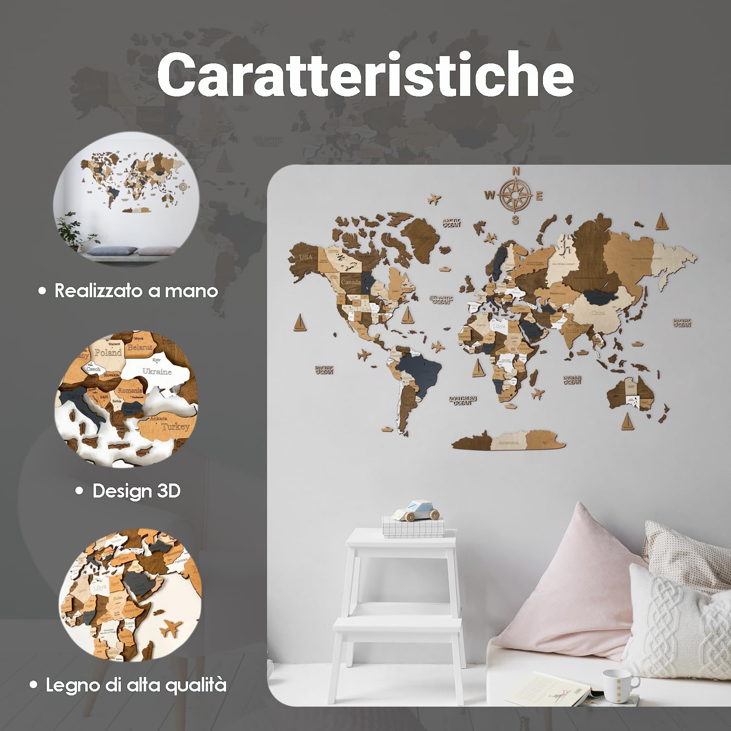 WoodLeo Mappamondo in legno (in italiano) - Decorazione murale in 3D - Dimensioni della mappa (M, L, XL) Idea regalo per ogni occasione - Arte da parete per la casa
