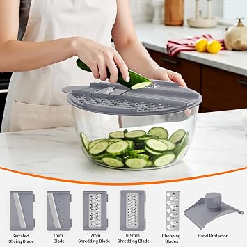 Salad Spinner Lettuce Spinner with Drainage Holes, 5 Chopping Blades, Grey | 5.3 QT Large High Efficiency Fruit Vegetable Washer Dryer, Easy Press Kitchen Tool for Leafy Vegetables