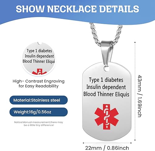 Miniatura 2 de Jewelstruck Collar de alerta médica para mujeres y hombres, etiquetas de identificación de emergencia, collar de doble cara, grabado gratuito,