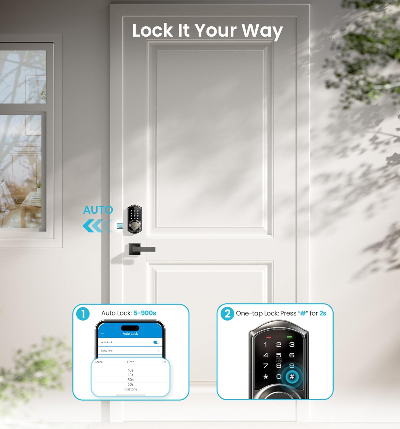 Diagram illustrating auto-lock feature with adjustable time settings and one-tap locking by pressing '#' for 2 seconds on the keypad.