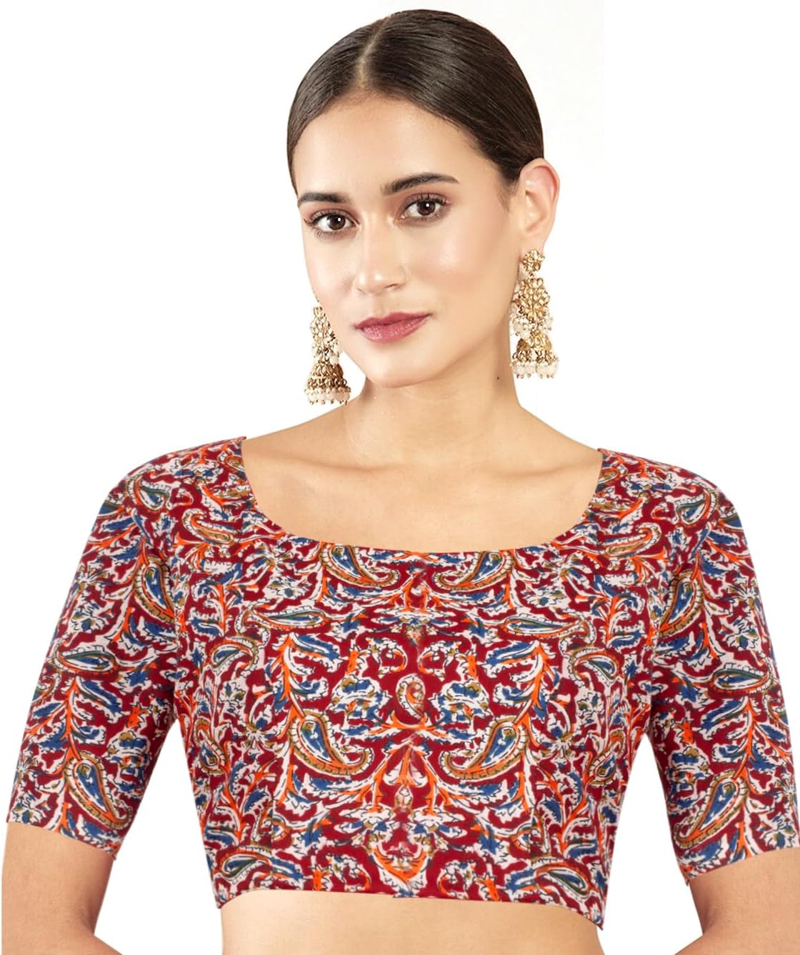 Chandrakala Cotton Printed Blouses for Women Sarees, Elbow Sleeves Ajrakh Print Crop top Choli (B223-P)