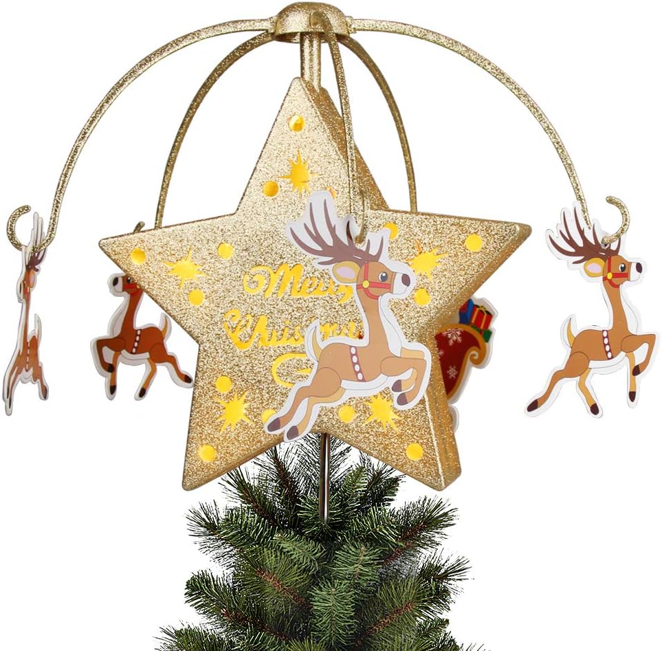EAMBRITE Motion Rotating Carousel Treetop Lighted Christmas Star Tree Topper with Golden Glitter Christmas Tree Decoration