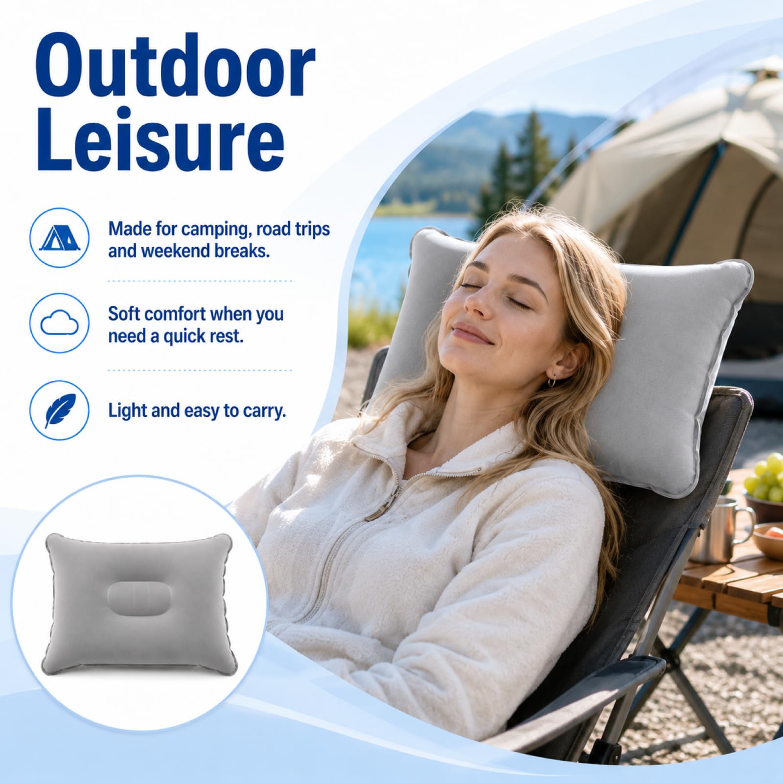 2 Stück Aufblasbares Kissen 38 x 24 cm, Graues PVC Luftkissen Kopfkissen, Sitzkissen und Reisekissen, Leichtes Camping Zubehör für Wandern, Strand, Picknick, Festival, Flugzeug und Outdoor