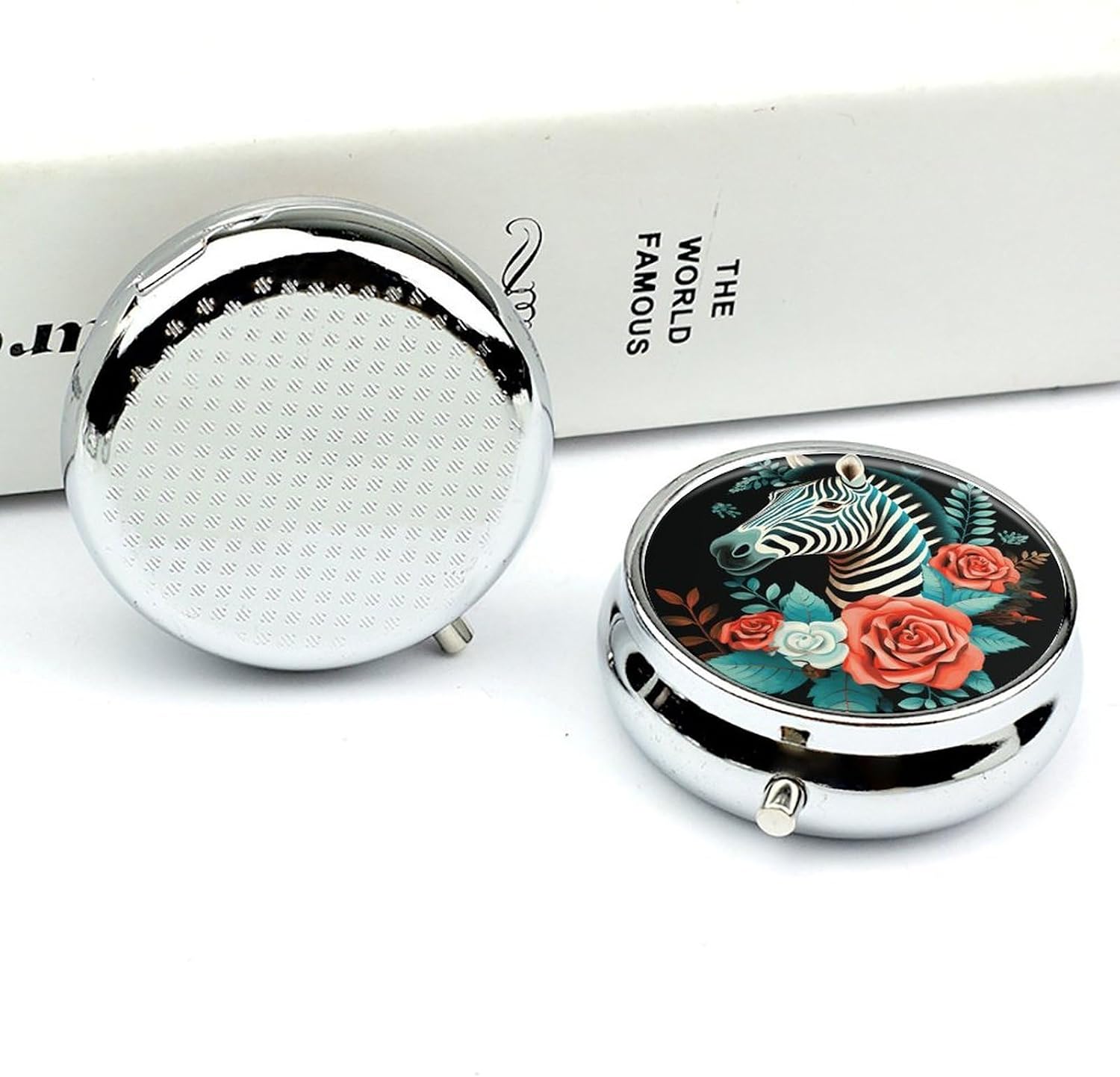 Round Silver Pill Box Small Pill Case for Purse and Pocket 3 Compartment image 5