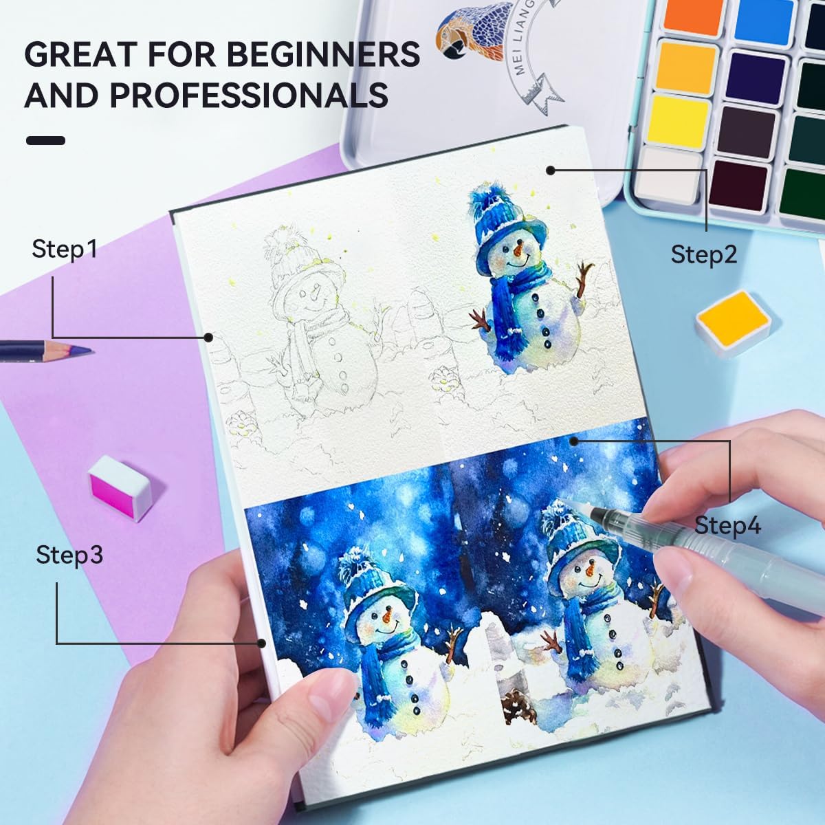 Travel Watercolor Paint Set, Watercolor Set Includes 36 Colors Solid Watercolors + 7.5x7.5 inch 100% Cotton Watercolor Paper(20 Sheets) + 1 Watercolor Brush + Green Double Layer Organizer
